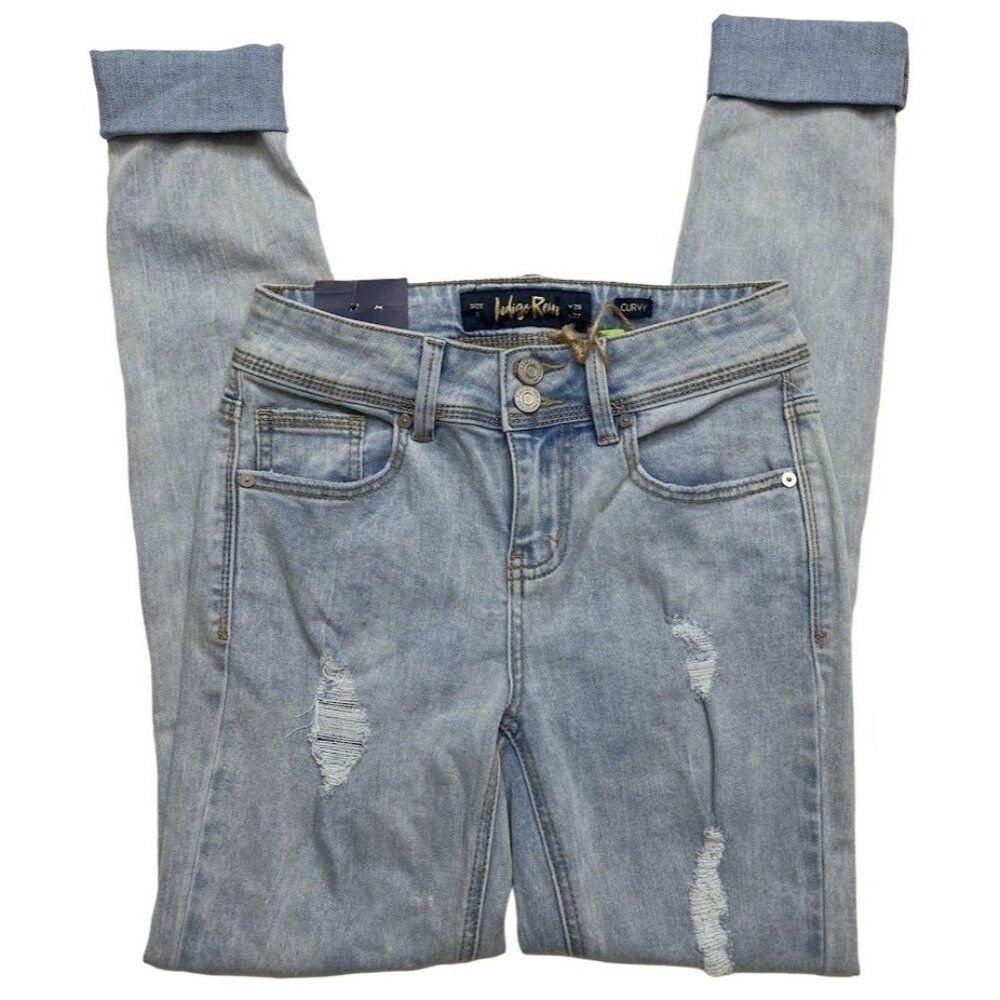 Indigo Reign Distressed Curvy Fit Jeans Women's 26 Light Blue Ripped‎ Cuff Ankle